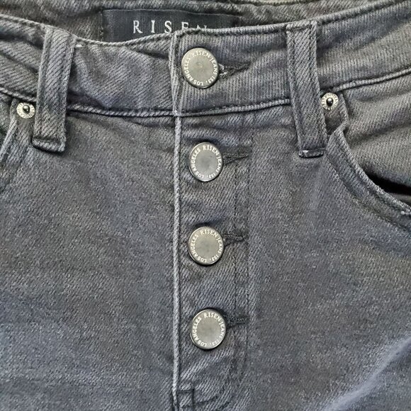 Risen Jeans Womens Size 27 Black High Rise Distressed Raw Hem Button Fly Stretch - Picture 4 of 12